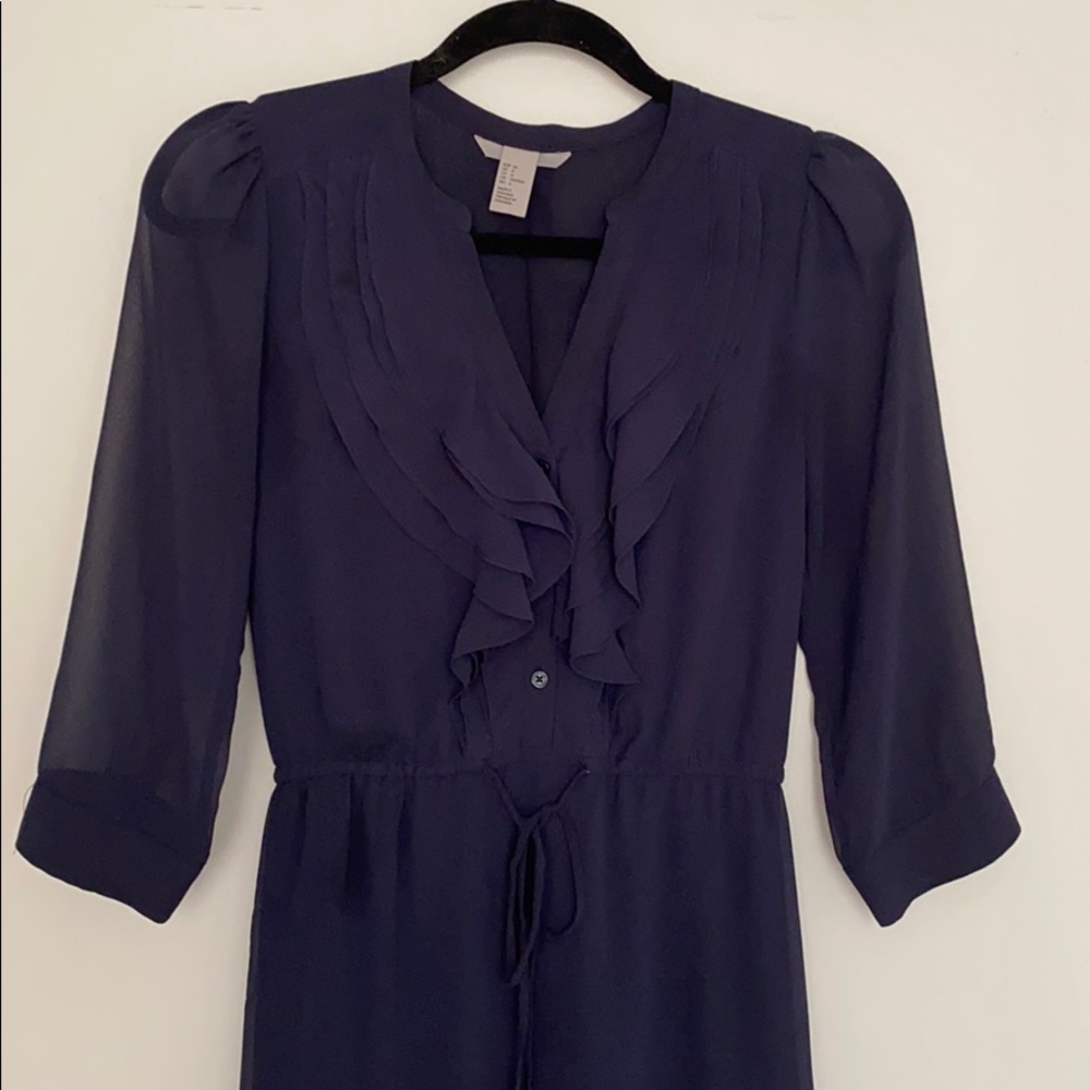H&M navy blue sheer sleeve ruffle front dress